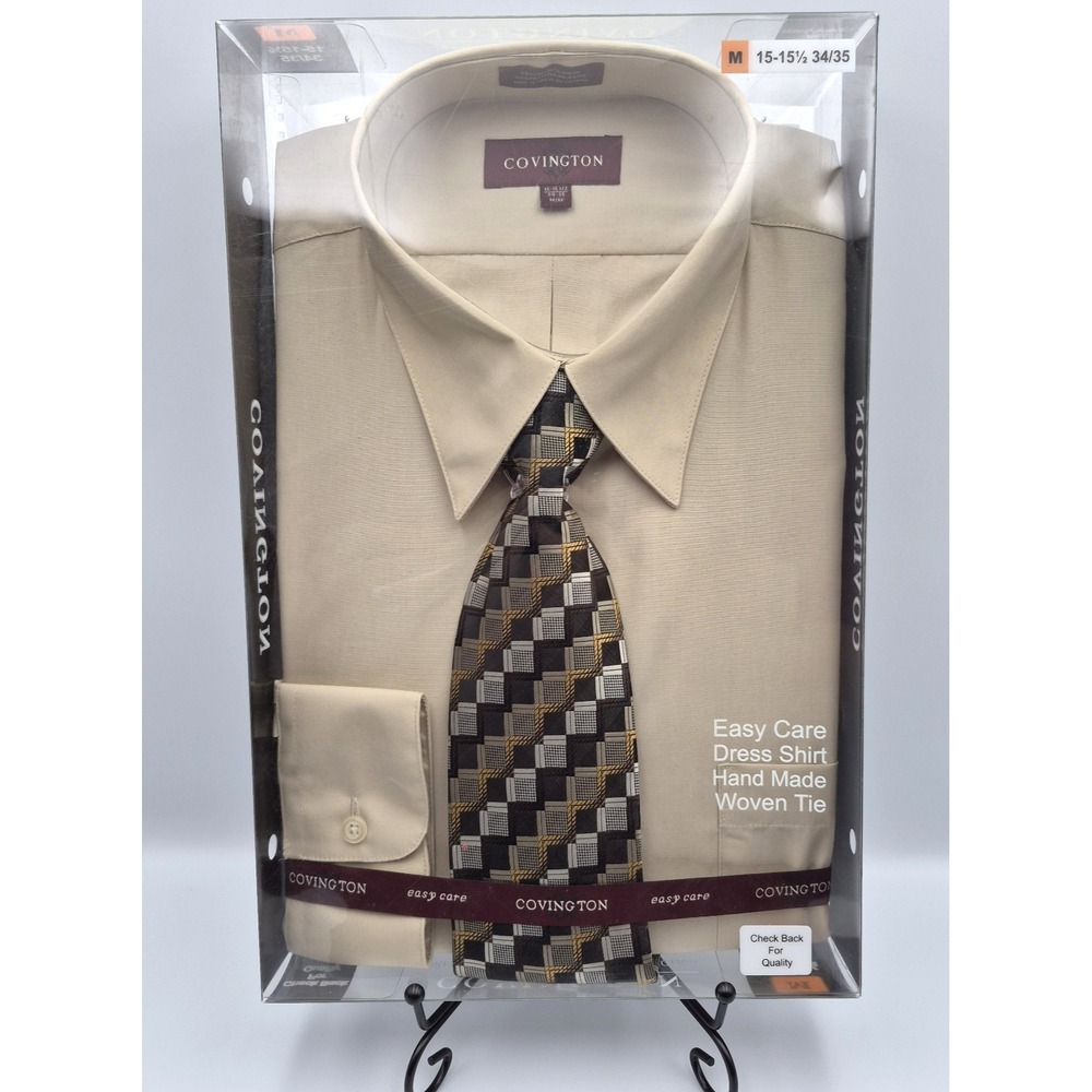 Covington Mens Easy Care Dress Shirt & Tie Set Taupe Shirt Size 15 1/2 34/35